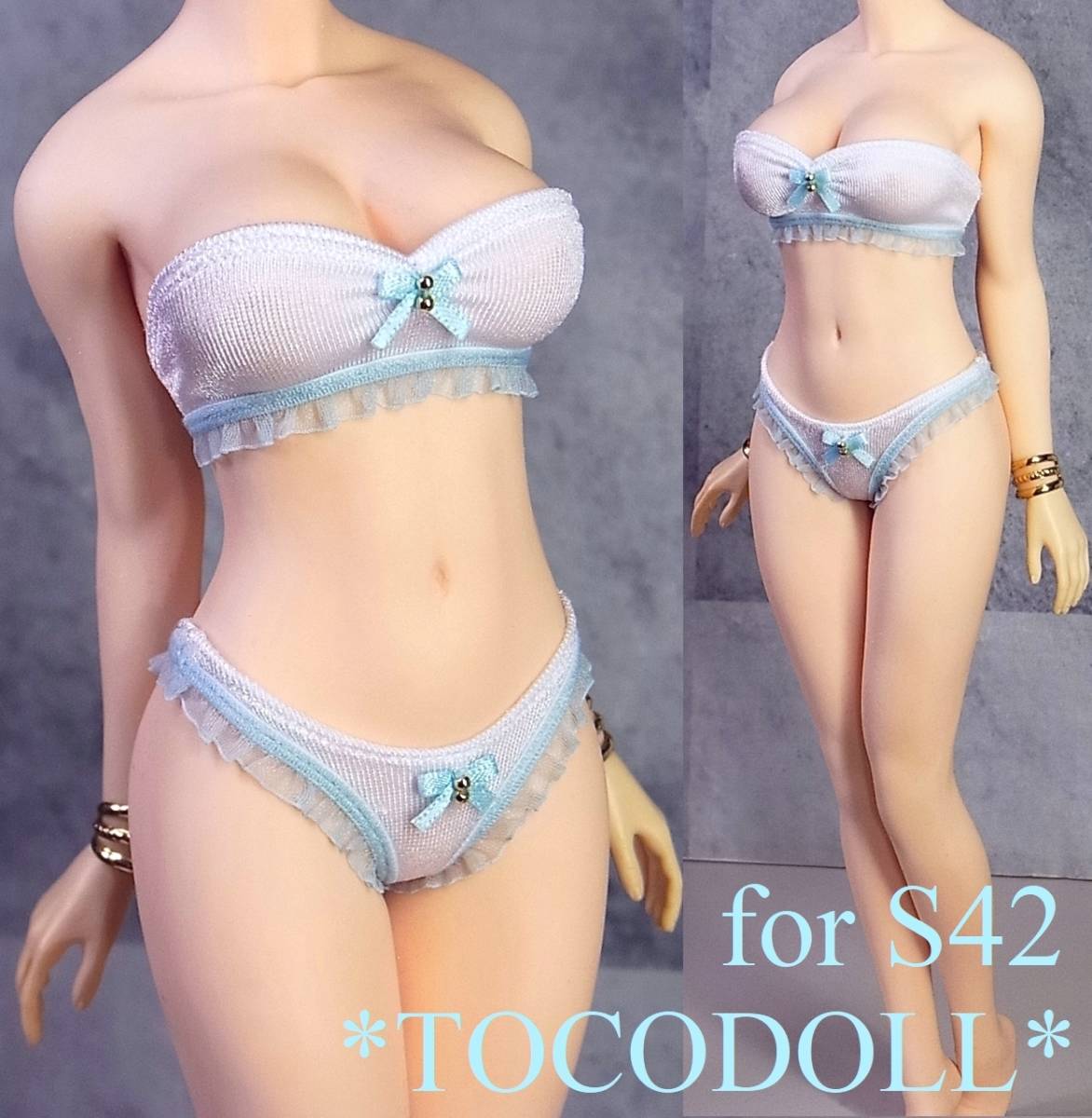 ＊toco＊Phicen/TBLeague用 S42 フリル付きブラ＆ショーツ/白×水色_画像2