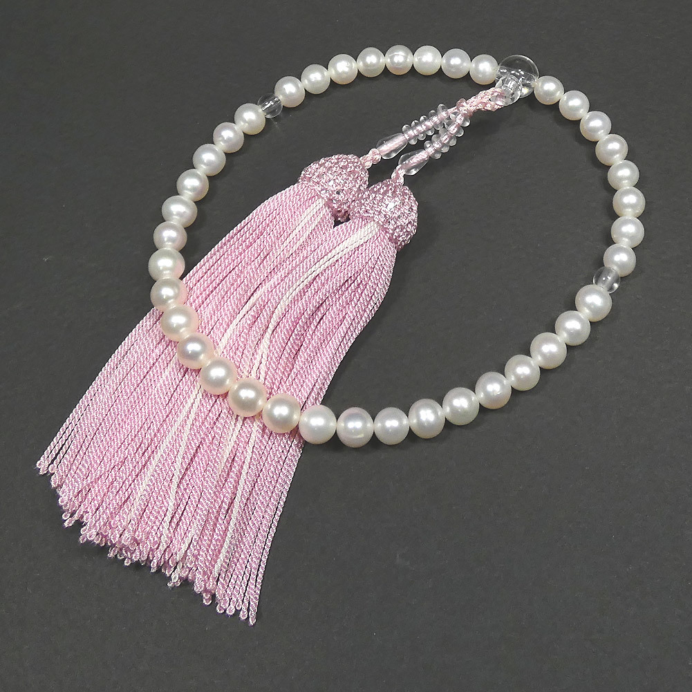公式の 本真珠パール念珠 約7.0-7.5mm淡水ニアラウンドホワイト系正絹