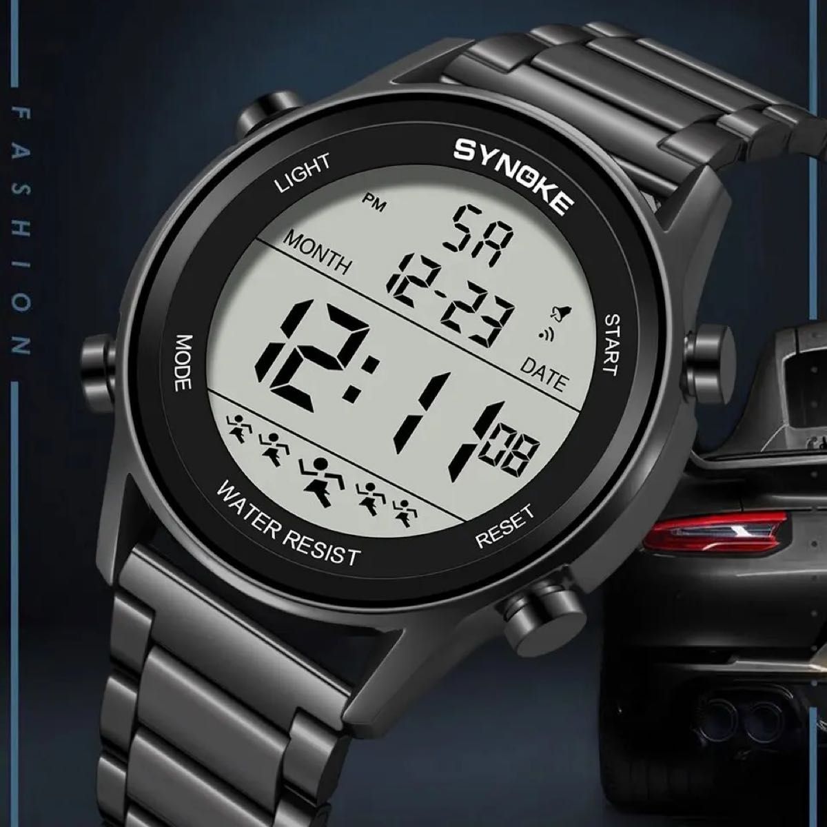 新品 SYNOKEスポーツデジタル 防水 デジタルストップウォッチ メンズ腕時計 9825 メタルストラップ ブラック