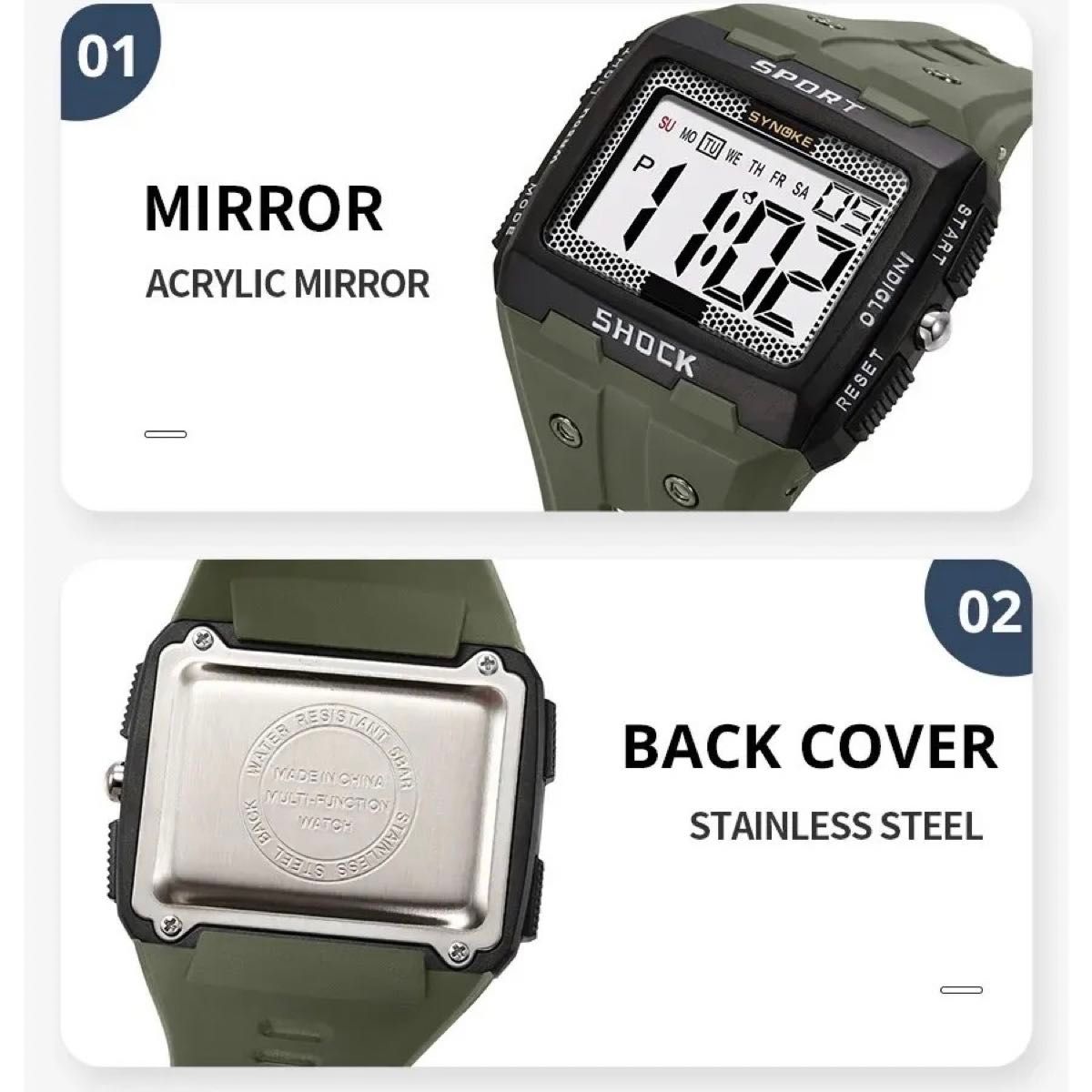 新品 SYNOKE ビッグフェイスデジタル 防水 デジタルストップウォッチ メンズ腕時計 スクエア ブラック9818