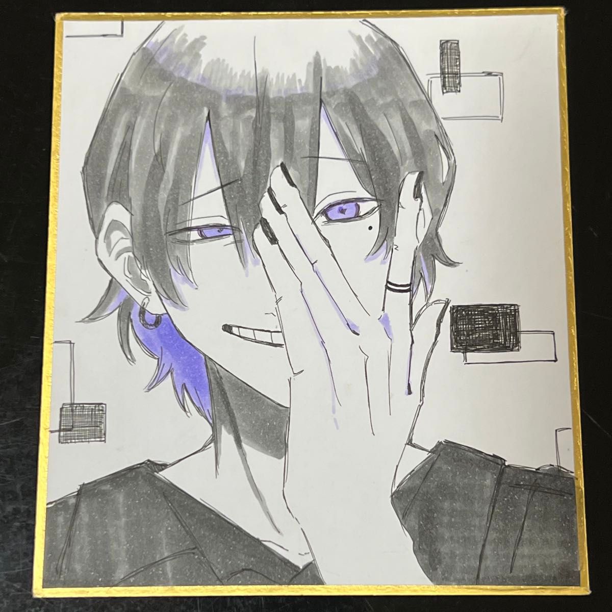手描きイラスト色紙 男性 黒×紫