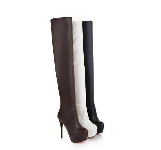  lady's knee high boots pin heel long boots stretch high heel thickness bottom beautiful legs 3 color Brown 22cm~24.5cm