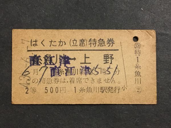 古い切符＊はくたか(立席)特急券 直江津→上野 2等 500円 糸魚川駅発行＊昭和43年＊国鉄 鉄道 資料_焼けシミ汚れ有ります。