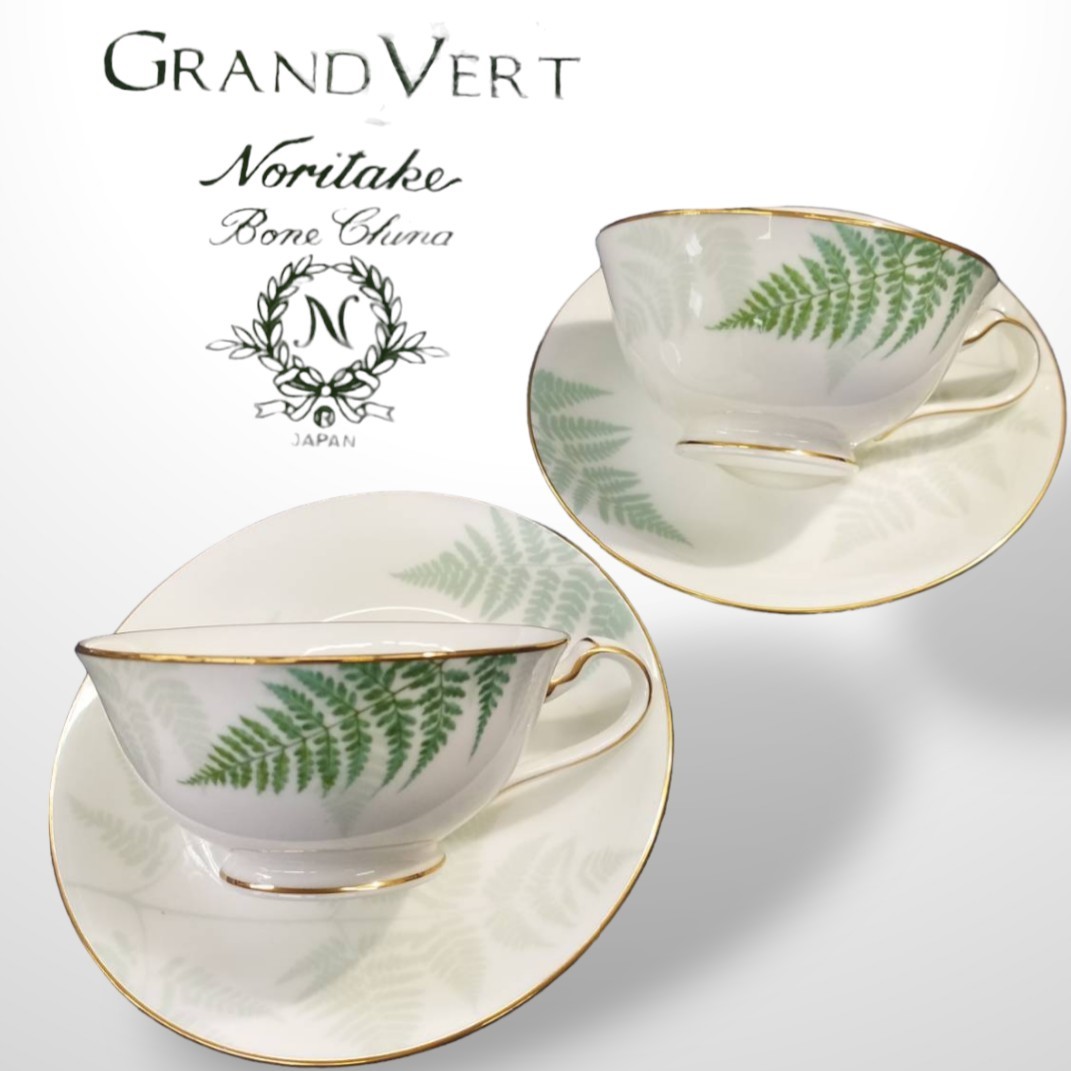 Noritake ノリタケ GRAND VERT グランヴェール 萌黄野 廃盤品 カップ&ソーサー ペア ペアカップ 2客 コーヒーカップ ティーカップ AR3.17_画像1