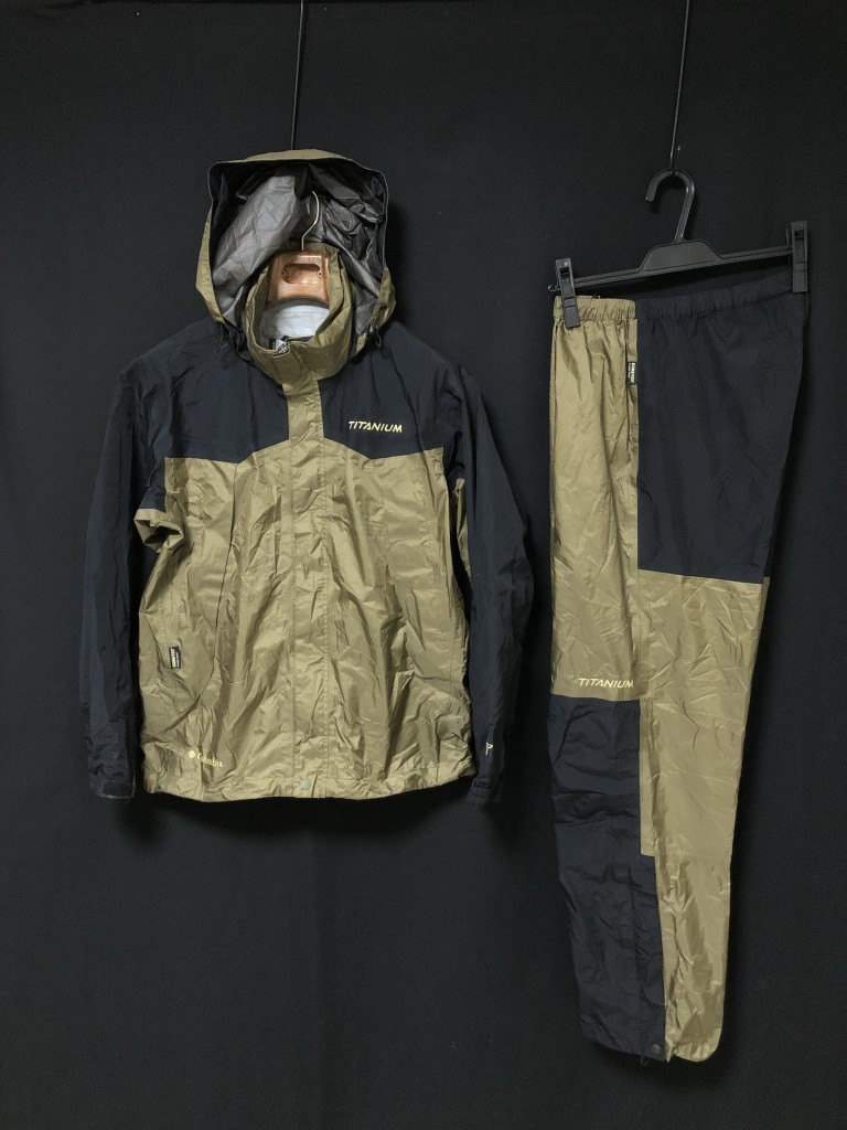 ◆Columbia コロンビア GORE-TEX PECLITE SHELL アウトドア レインスーツ TITANIUM 上下セット S 収納袋付きの画像1