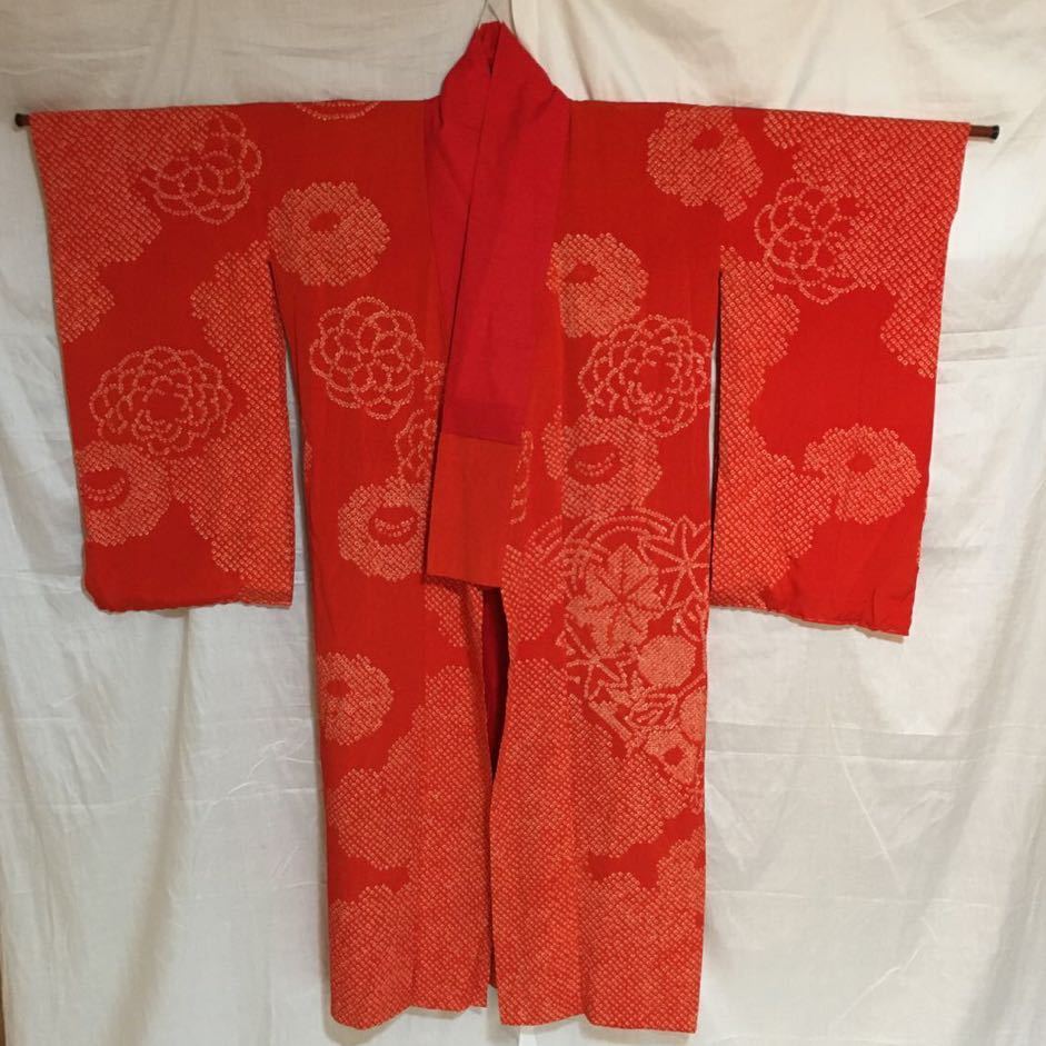 アンティーク長襦袢3枚まとめ売り 赤い 正絹 汚れあり 女性和装 和服 着物肌着 古い リメイク材料 の画像2