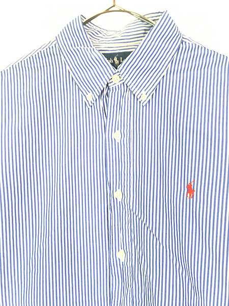 古着 90s Ralph Lauren 「CUSTOM FIT」 青×白 ストライプ 3点留 BD シャツ L 古着の画像2