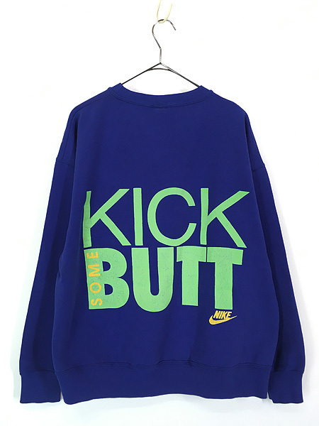 古着 90s USA製 NIKE センター ライン 「KICK BUTT」 BIG プリント スウェット トレーナー 青 L 古着_画像3