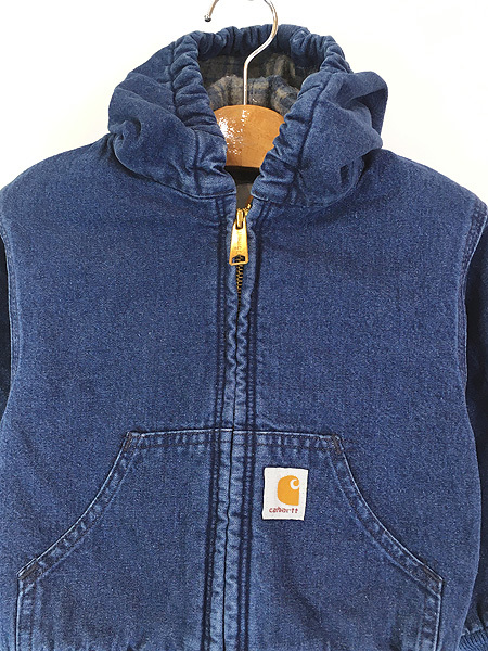 キッズ 古着 80s Carhartt 裏地 チェック柄 ブランケット デニム アクティブ パーカー ジャケット 3-4歳位古着_画像2