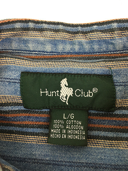 古着 90s Hunt Club マルチ ストライプ デニム バンドカラー シャツ L_画像6