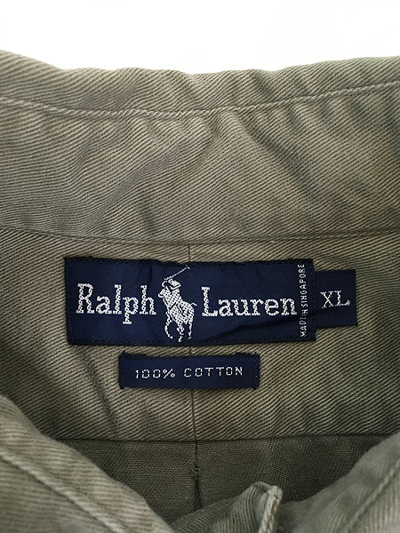 古着 90s Ralph Lauren ワンポイント ソリッド コットン ツイル BD シャツ グレージュ XL 古着_画像7