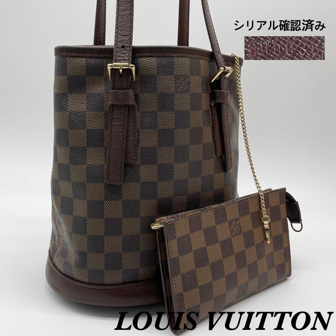 【鑑定済】LOUIS VUITTON ルイヴィトン マレ ダミエ エベヌ N42240 ポーチ付き バケツ型 トートバッグ ショルダーバッグ 肩掛けバッグ