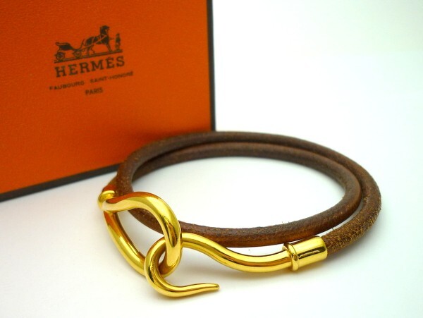 1000円スタート ジャンボチョーカーブレスレット HERMES エルメス レザー 革 ブラウン×ゴールド 2重巻 箱付 アクセサリー WHO U723_画像1