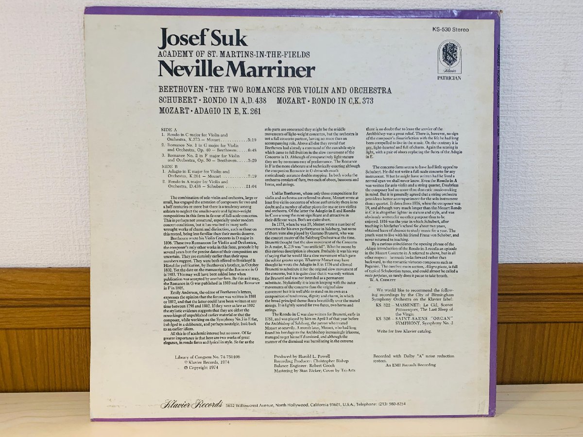 即決LP 米盤 JOSEF SUK / Neville Marriner / ROMANCES / RONDOS / ADAGIOS / KS 530 レコード US盤 L11_画像4
