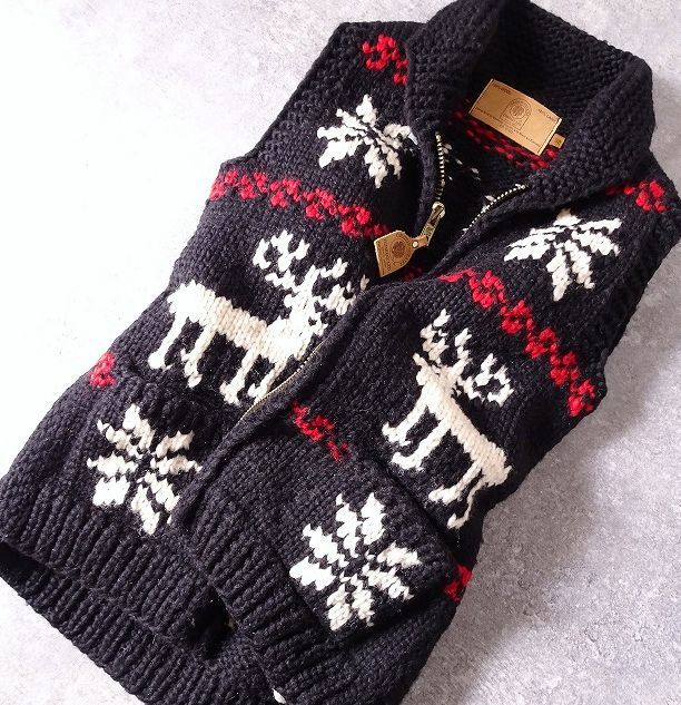 CANADIAN SWEATER カナディアンセーター ジップアップ カウチン ニット ベスト 2wayジップ ウール100% カナダ製 トナカイ柄 (32) 黒 o-825_画像1