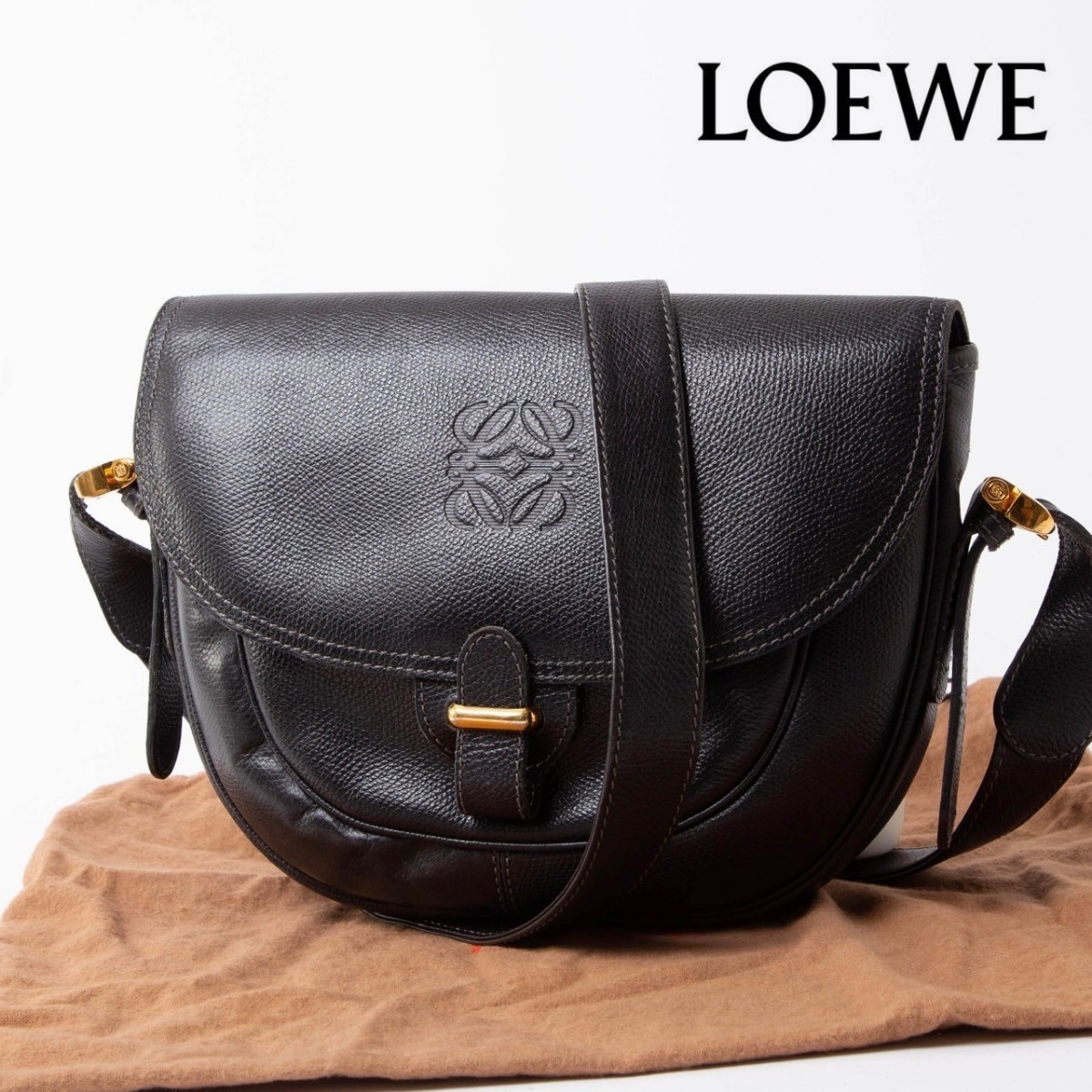 1円スタート★LOEWE ロエベ ショルダーバッグ アナグラム 裏地総柄 ゴールド金具 ヘリテージ 斜め掛け　レザー ブラック 28-5-8_画像1