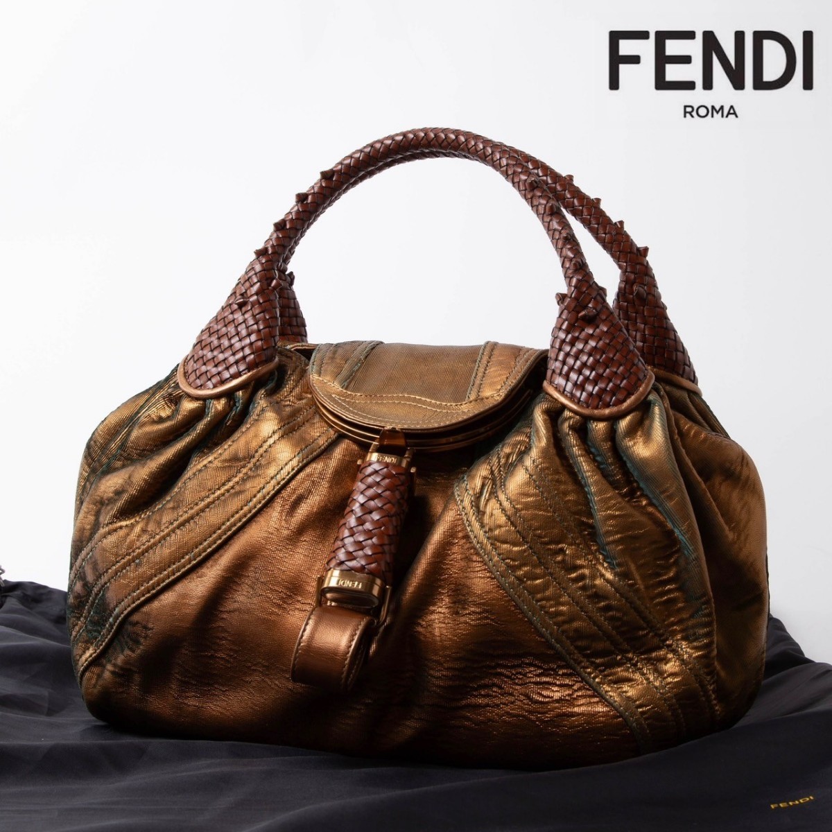 ★1円スタート★FENDI フェンディ スパイバッグ 内ズッカ 編み込みハンドル カーフ レザー 本革 ハンド バッグ 黒 B5 収納 かばん 18-1_画像1