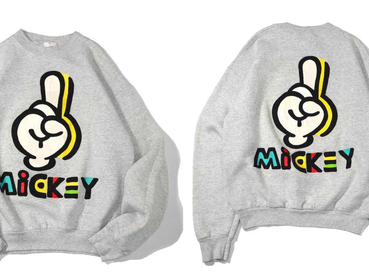 [L] 90s Disney Mickey 両面 プリント スウェット グレー USA製 ディズニー ミッキー 指 ビンテージ vintage 80s