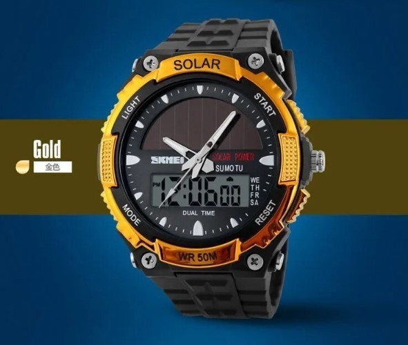 メンズ 腕時計 デジタル アナログ 両表示 ゴールド ソーラーパネル充電 夜光ELライト 3針 防水 新品 未使用 送料無料 クォーツ アウトドア_画像1