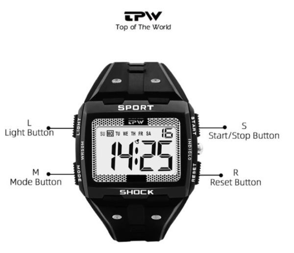  men's digital watch Gold black waterproof wristwatch stopwatch EL light outdoor military airsoft new goods unused free shipping 