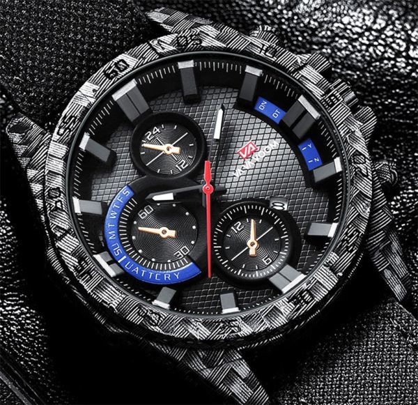 メンズ腕時計 ブルー カーボンデザイン レザーバンド 新品未使用