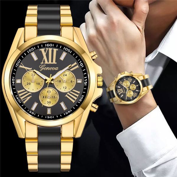 メンズ腕時計 ゴールドブラック アナログ クォーツ３針 ステンレスバンド 新品 未使用 ビジネス カジュアル 送料無料 クロノグラフデザイン_画像1