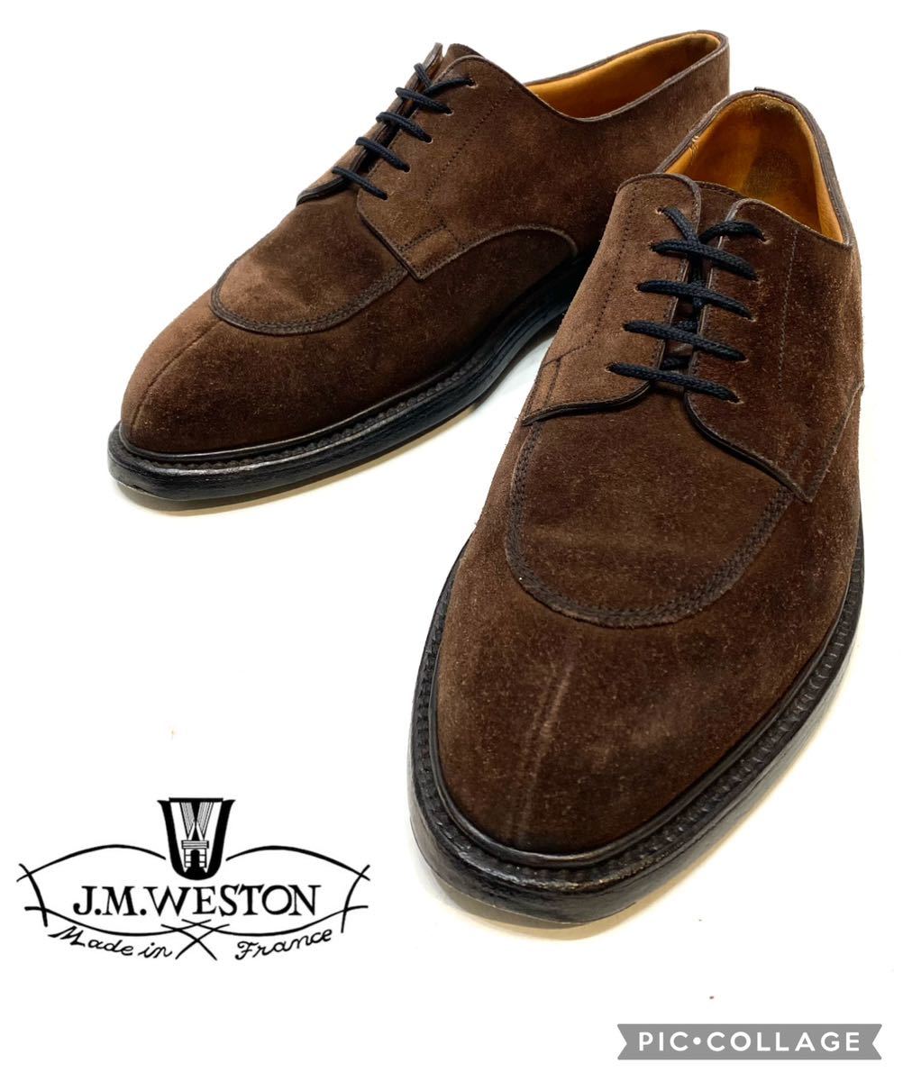 J.M.WESTON #589 ハーフハントスプリットトゥダービー ジェイエムウエストン Uチップ スエードシューズ ドレス ビジネスshoes ブラウン 7D_画像1