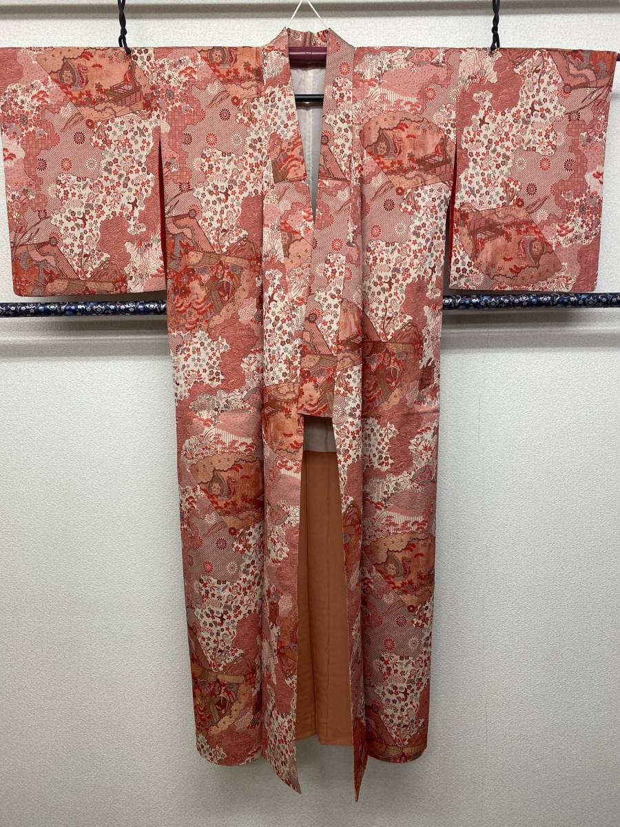 Kimono Komon Jigary 141,0 см рукав 62,0 см чистый шелковый красный, используемый анти -пиптинг