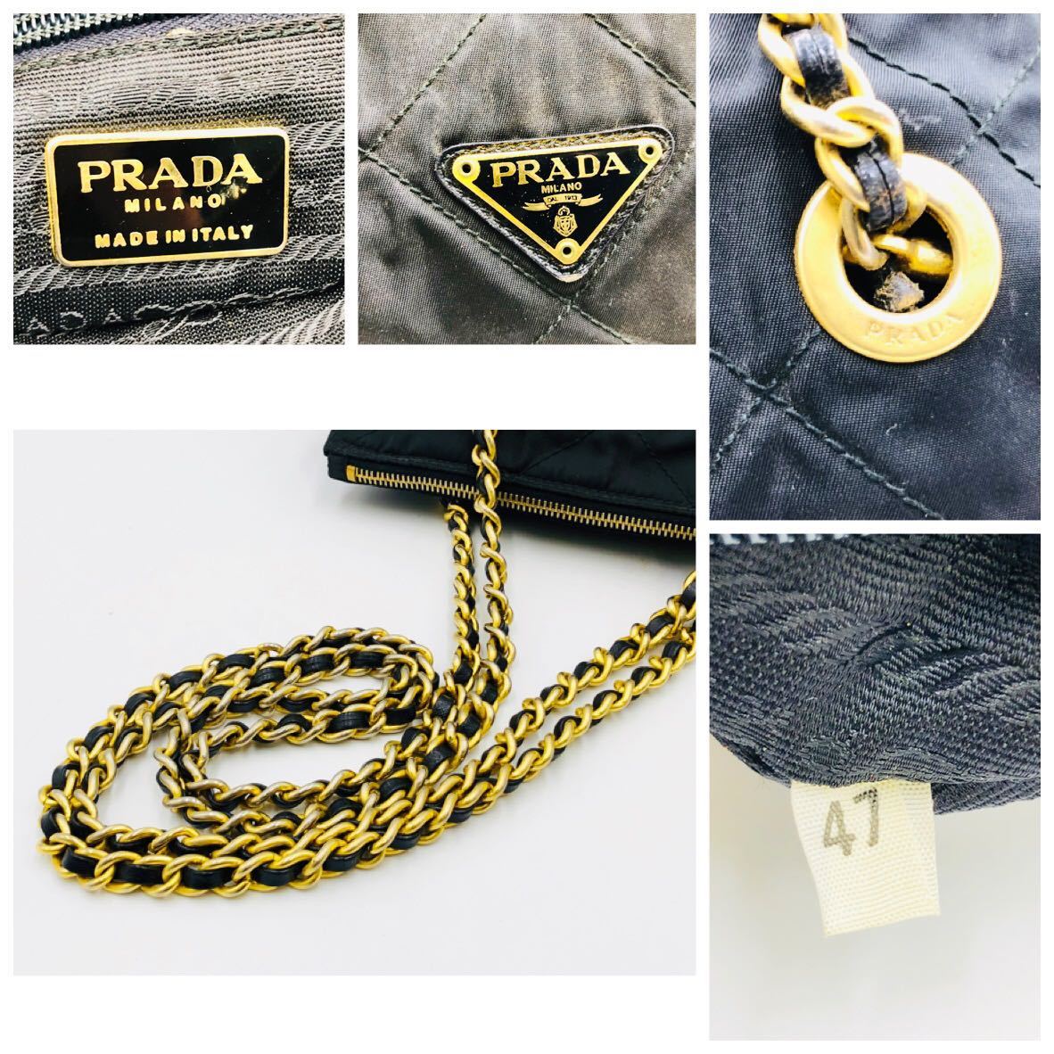 1円〜　【美品】　PRADA プラダ　ナイロン　チェーンショルダーバッグ　キルティング　ブラック　黒トート　　白タグ　三角ロゴ　K222_画像10