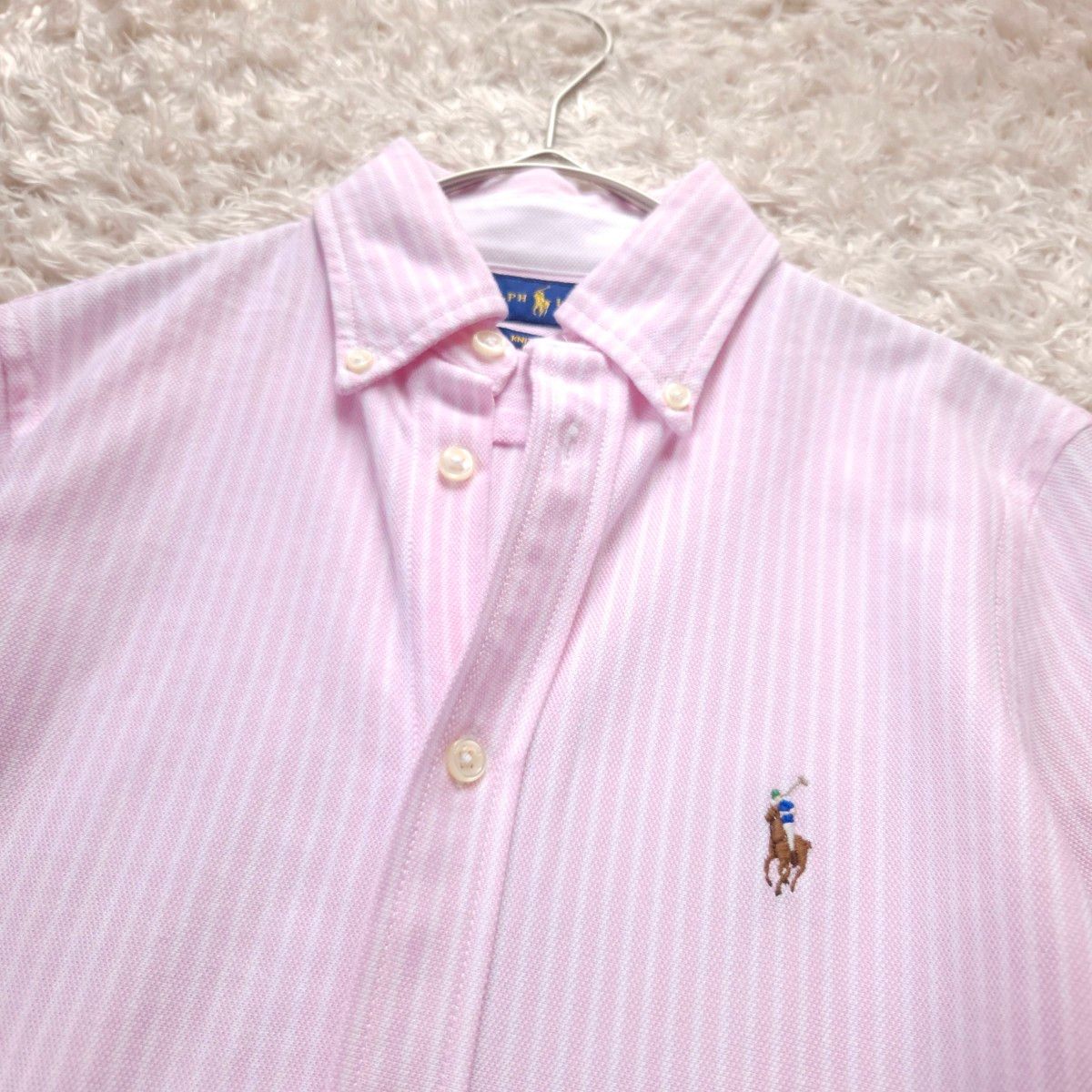 ポロラルフローレン 長袖 ニットオックスフォードシャツ コットン ストライプ ポニーロゴ  S~Mサイズ相当 極美品