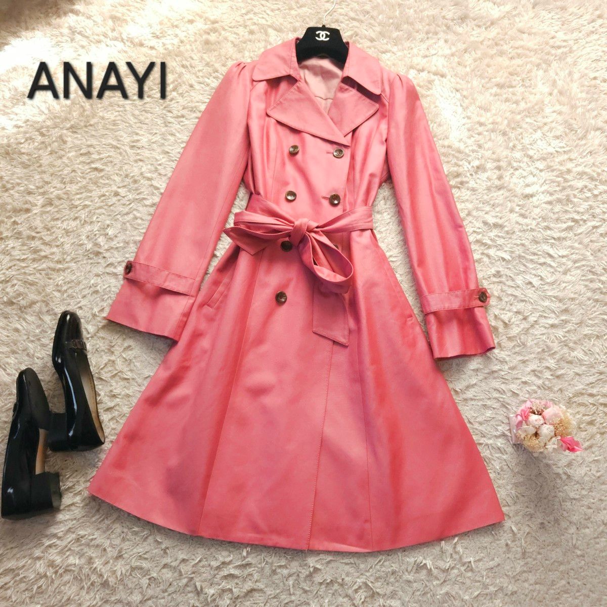 アナイ ANAYI フレアトレンチコート 光沢 ピンク M Aライン アナイ ANAYI フレアトレンチコート 光沢 ピンク M Aライン