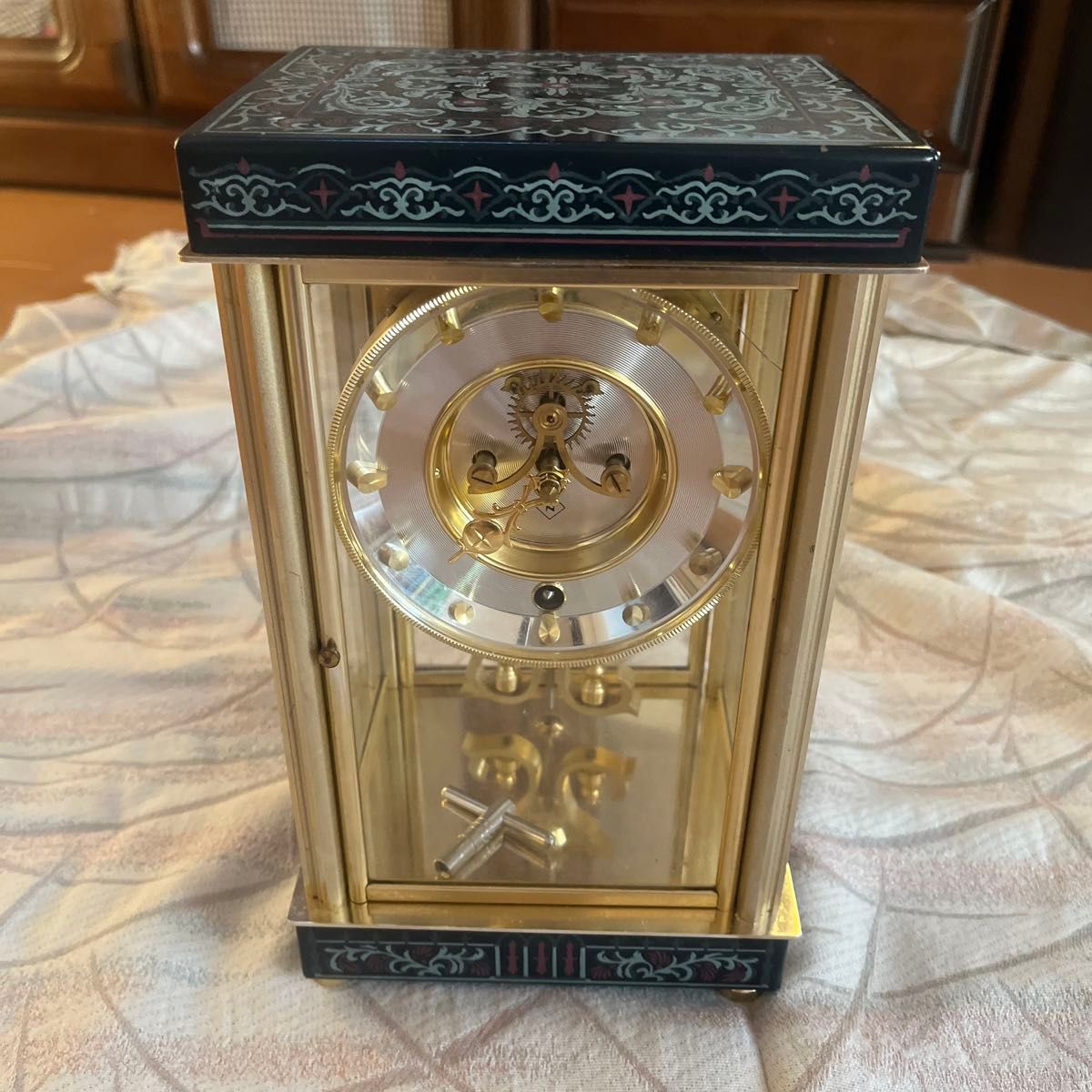 日本美術時計 Nマーク ゼンマイ式振り子置き時計 ゴールド 四面硝子  ジャンク