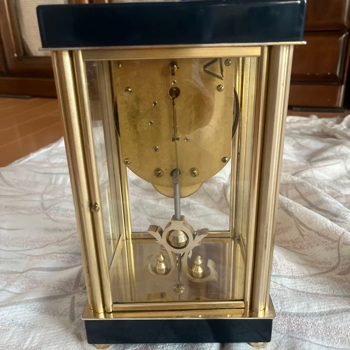 日本美術時計 Nマーク ゼンマイ式振り子置き時計 ゴールド 四面硝子  ジャンク