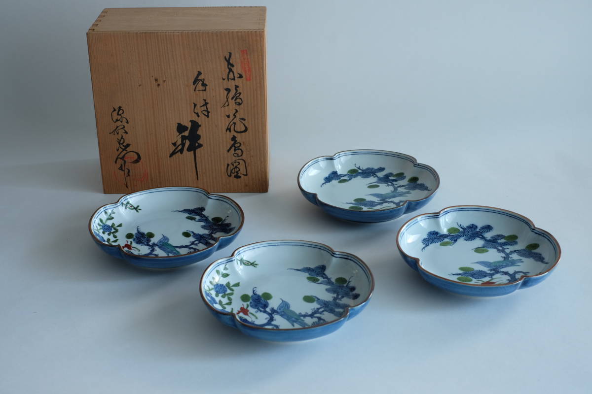 【未使用】源右衛門窯　染錦松鳥文木瓜型皿　銘々皿　有田焼　古伊万里　4皿セット　箱付