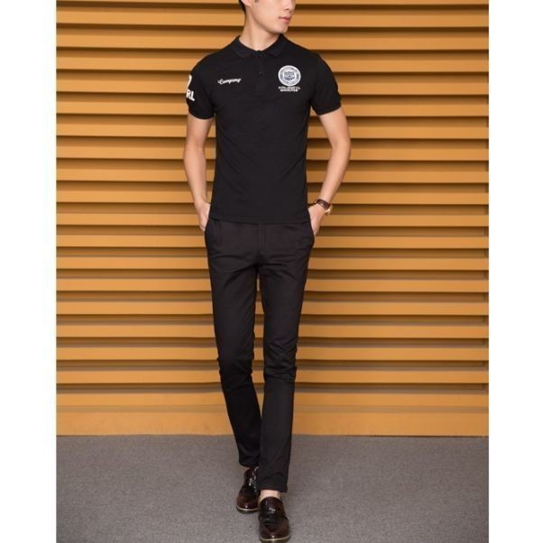 【L 黒】 刺繍 半袖 ポロシャツ メンズ ブラック ゴルフウェア シャツ シンプル カジュアル 春 夏 1