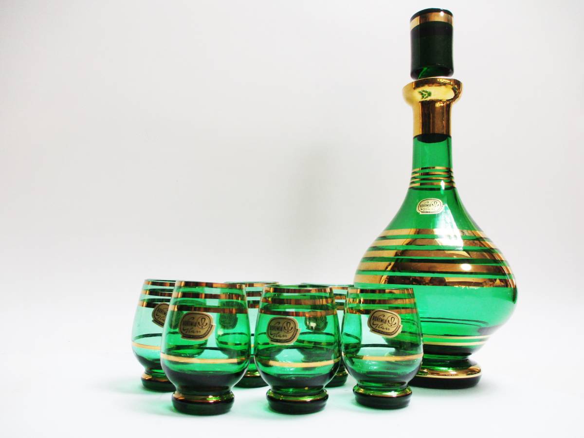 《ジャムルK》 hc0214-65◆送料無料◆ Bohemia　ボヘミア ガラス　デキャンタ グラス6個セット 金彩 グリーン 酒器セット ガラス工芸_画像1