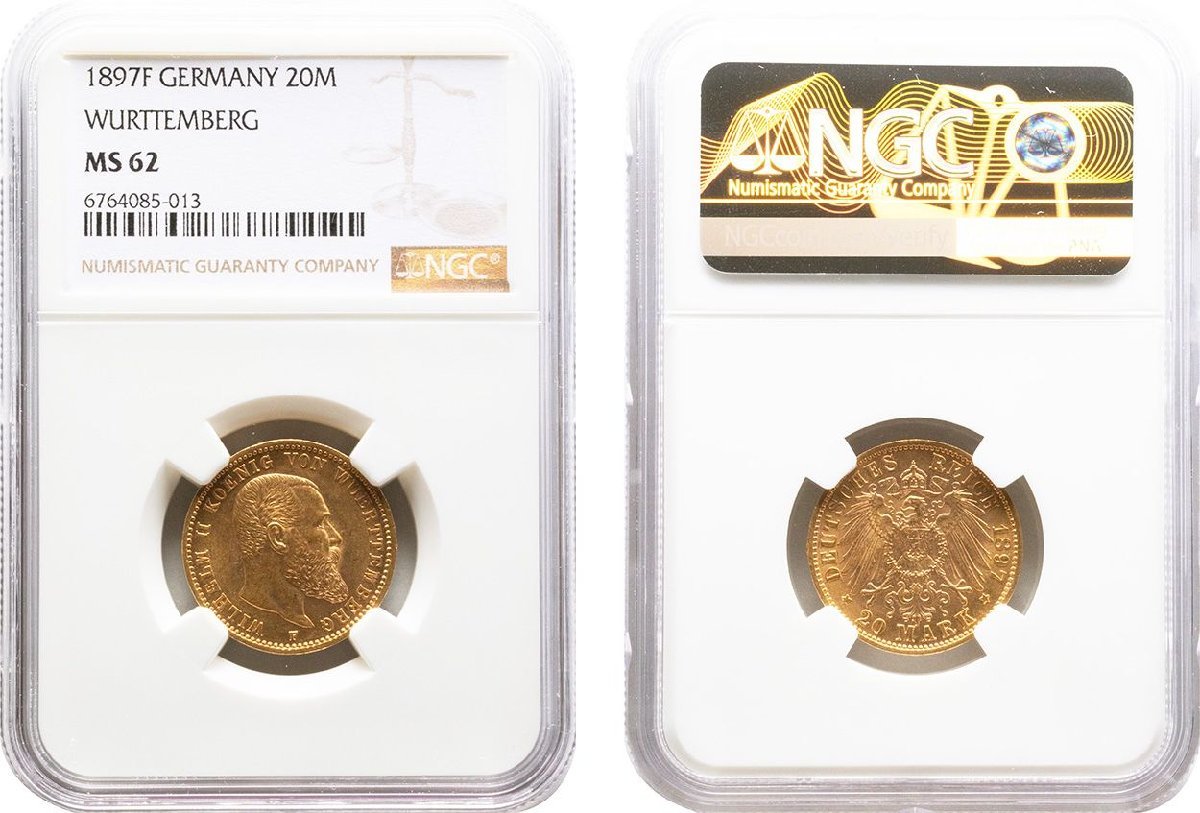 ドイツ・ヴュルテンベルク　20マルク金貨　1897年F　未使用品　ヴィルヘルム2世　NGC(MS62)_画像1