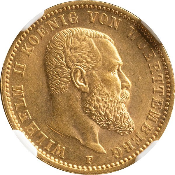 ドイツ・ヴュルテンベルク　20マルク金貨　1897年F　未使用品　ヴィルヘルム2世　NGC(MS62)_画像2