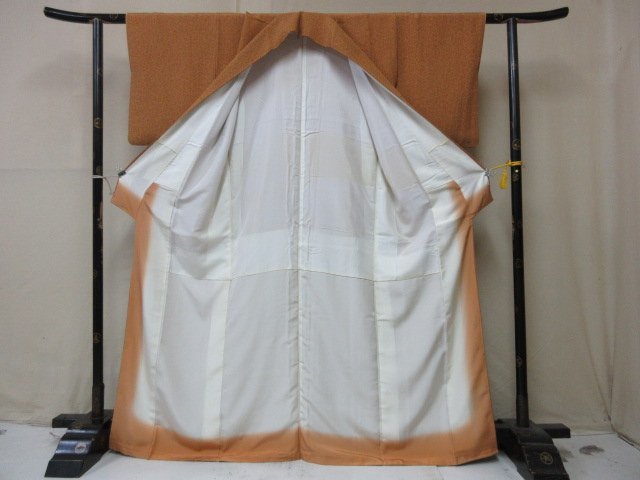 1円 良品 正絹 着物 小紋 縮緬 橙色 霰 幾何学 抽象 高級 袷 身丈154cm 裄66cm【夢職】★★★_画像2