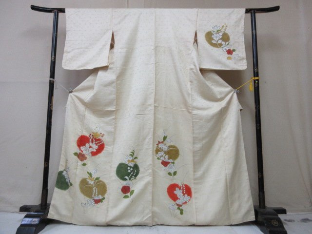 1円 中古 正絹 着物 訪問着 紬 アンティーク レトロ 花唐草 四季花 高級 袷 身丈156cm 裄67cm【夢職】★★★_画像1