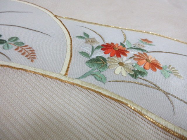 1円 良品 正絹 名古屋帯 絽 綴れ 金駒刺繍 地紙 草花 萩 菊 桔梗 お太鼓柄 高級 九寸帯 長さ354cm【夢職】★★★_画像5