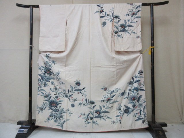 1円 中古 正絹 着物 訪問着 縮緬 アンティーク レトロ オリエンタル草花 花唐草 高級 袷 身丈156cm 裄62cm【夢職】★★★_画像1