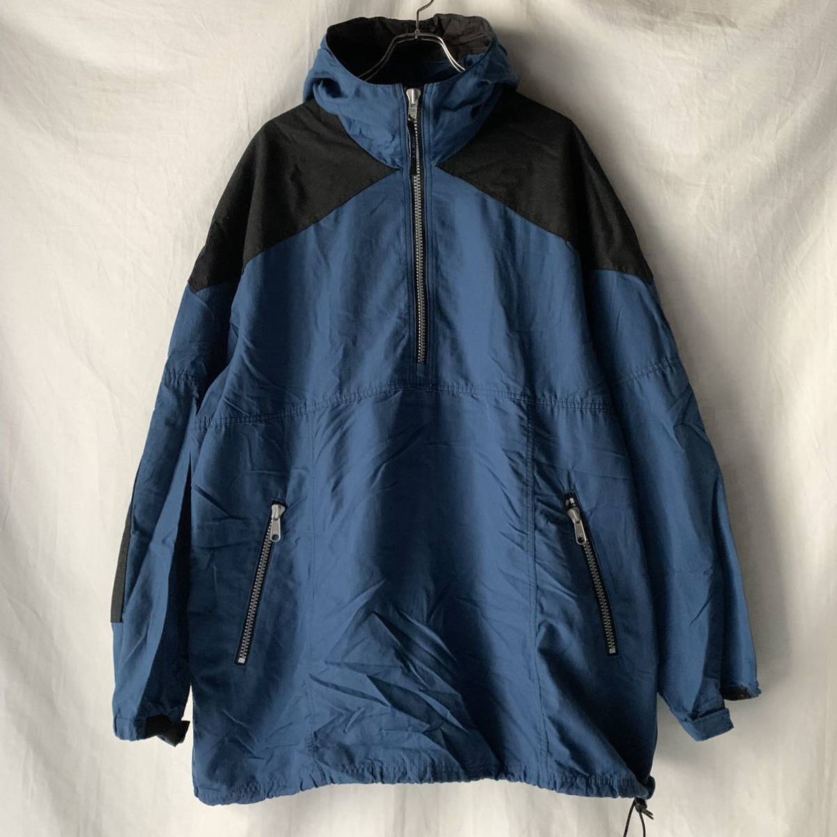 《名作》90s USA製 L.L.bean サイクリング アノラックパーカー プルオーバー リフレクター ネイビーブルー×黒 L TALL ヴィンテージ OLD