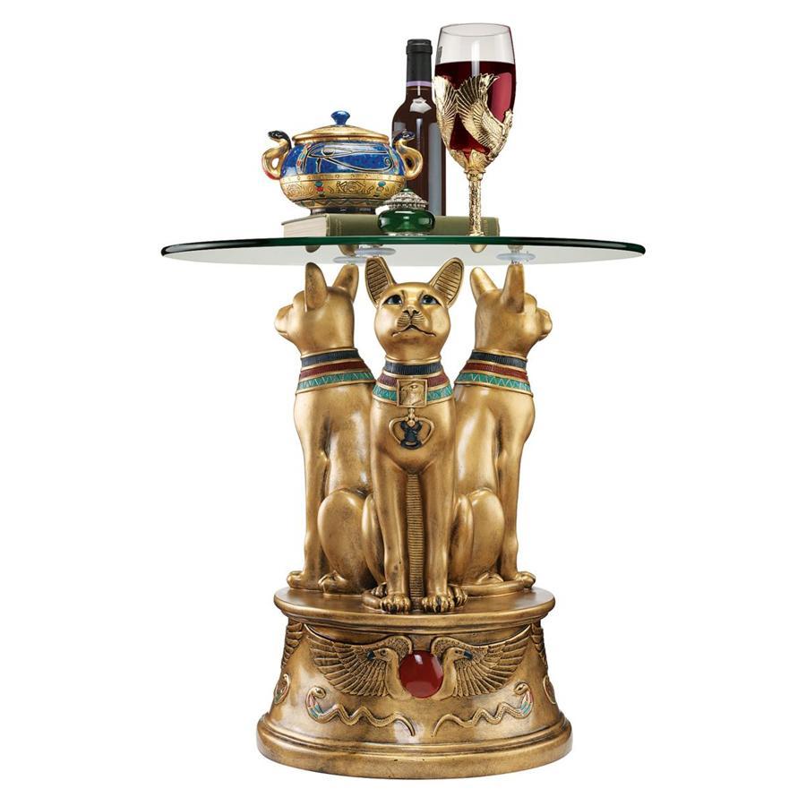 猫神バステトのサイドテーブル　インテリア置物エジプト彫刻オブジェ家具装飾飾り宝物ゴールドネコ古代美術調度品机ガラステーブル装飾品