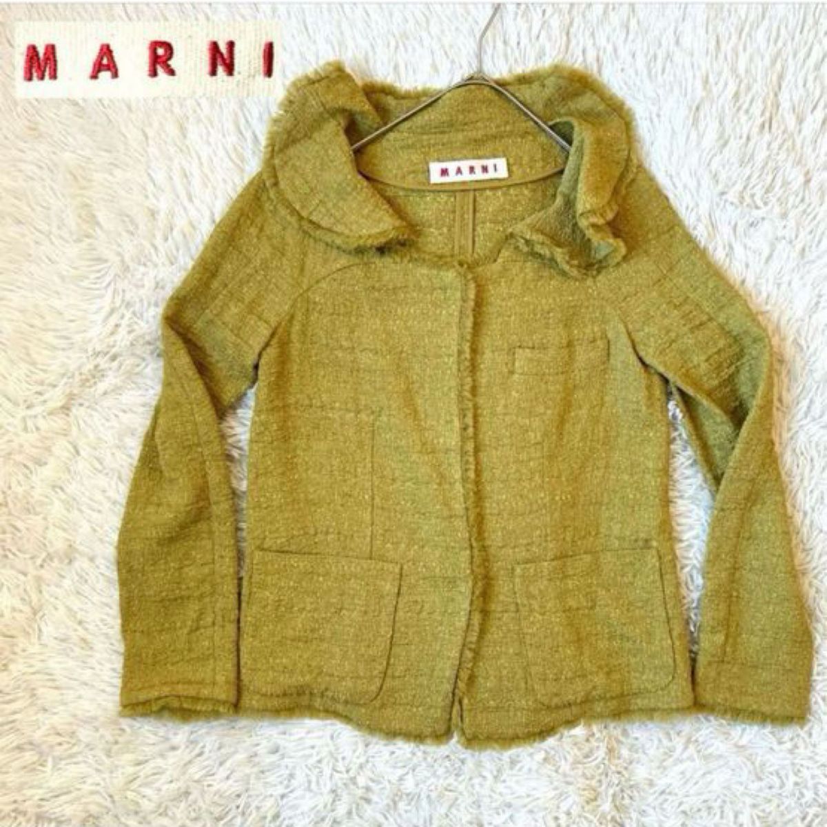 MARNI マルニ★シルク/リネン混ツイードジャケット フリルカラー シワ加工 マスタード