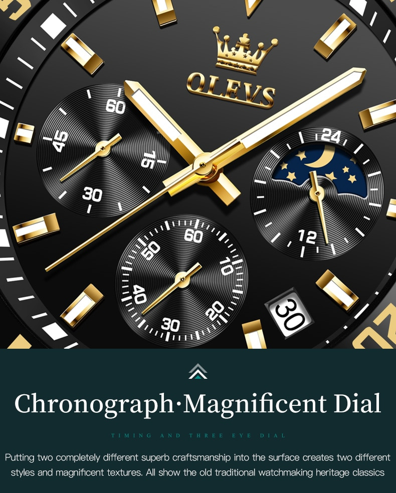 【ゴールド Gold】メンズ高品質腕時計 海外人気ブランド Olevs クロノグラフ 防水 クォーツ式_画像4