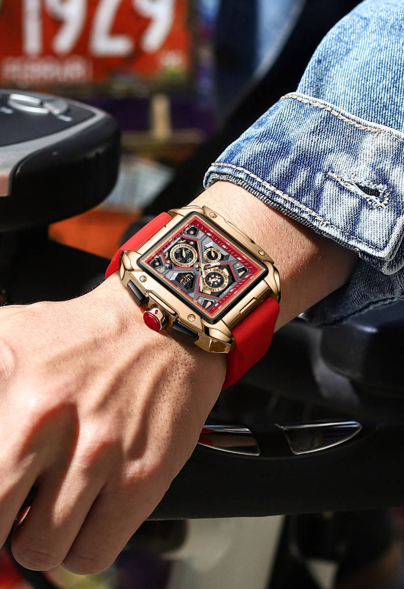 【レッド 赤】2023 新作 メンズ高品質腕時計 海外人気ブランド クロノグラフ 防水 クォーツ式 シリコンバンドの画像6