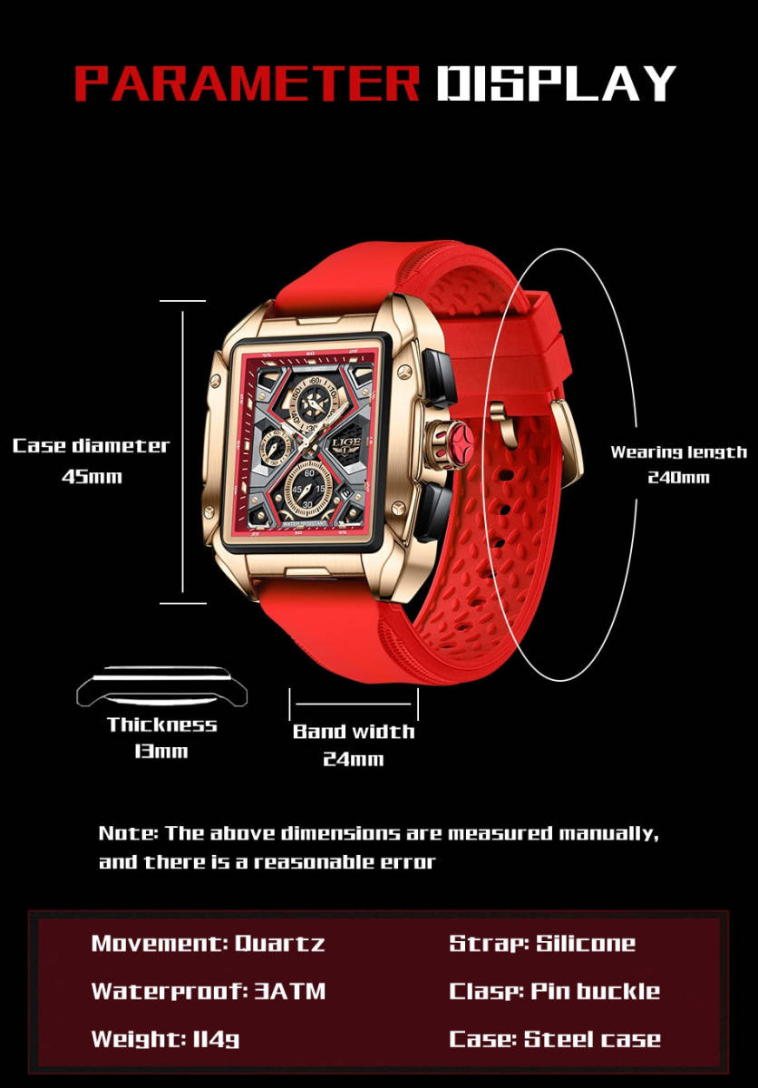 【レッド 赤】2023 新作 メンズ高品質腕時計 海外人気ブランド クロノグラフ 防水 クォーツ式 シリコンバンドの画像4