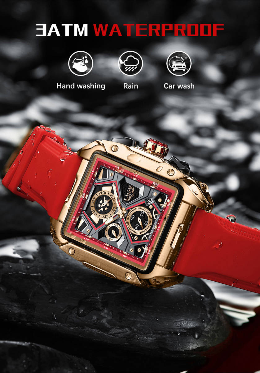 【レッド 赤】2023 新作 メンズ高品質腕時計 海外人気ブランド クロノグラフ 防水 クォーツ式 シリコンバンドの画像2