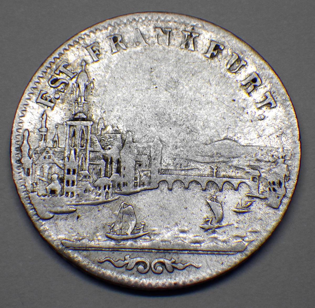 1853年 ドイツ 帝国自由都市フランクフルト 都市景観6クロイツァー銀貨_画像3